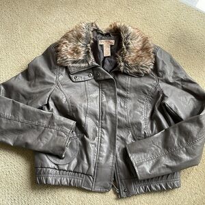 Grey leather bomber jacket with detatchable fur collar